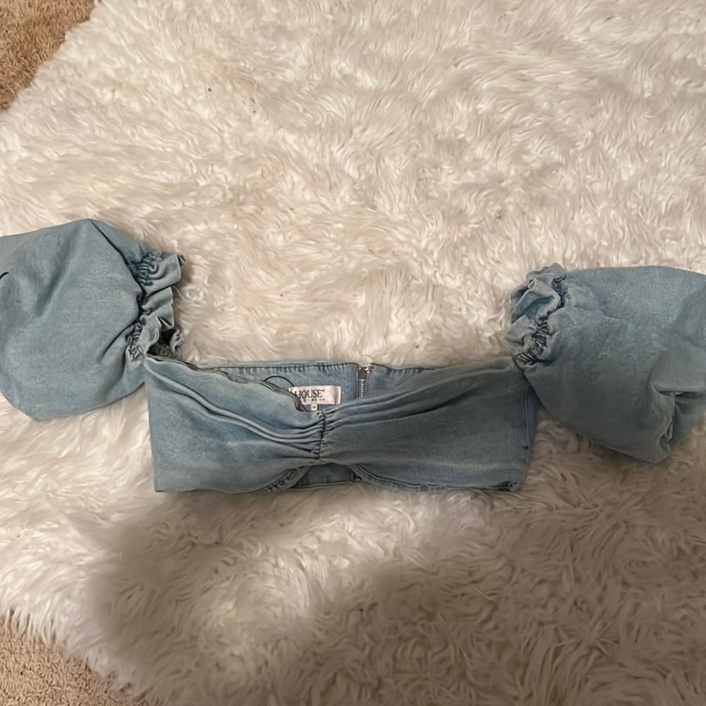 House of CB Powder Blue Ruched Off-Shoulder Crop Top